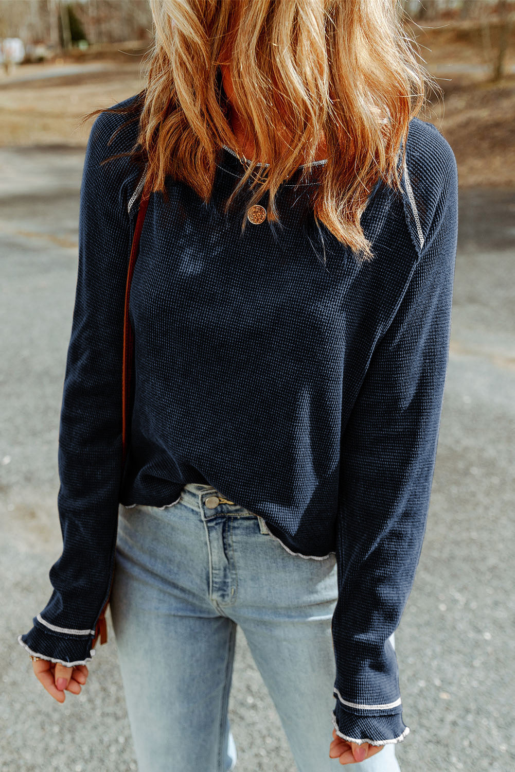 Fiery Red Textured Round Neck Long Sleeve Top