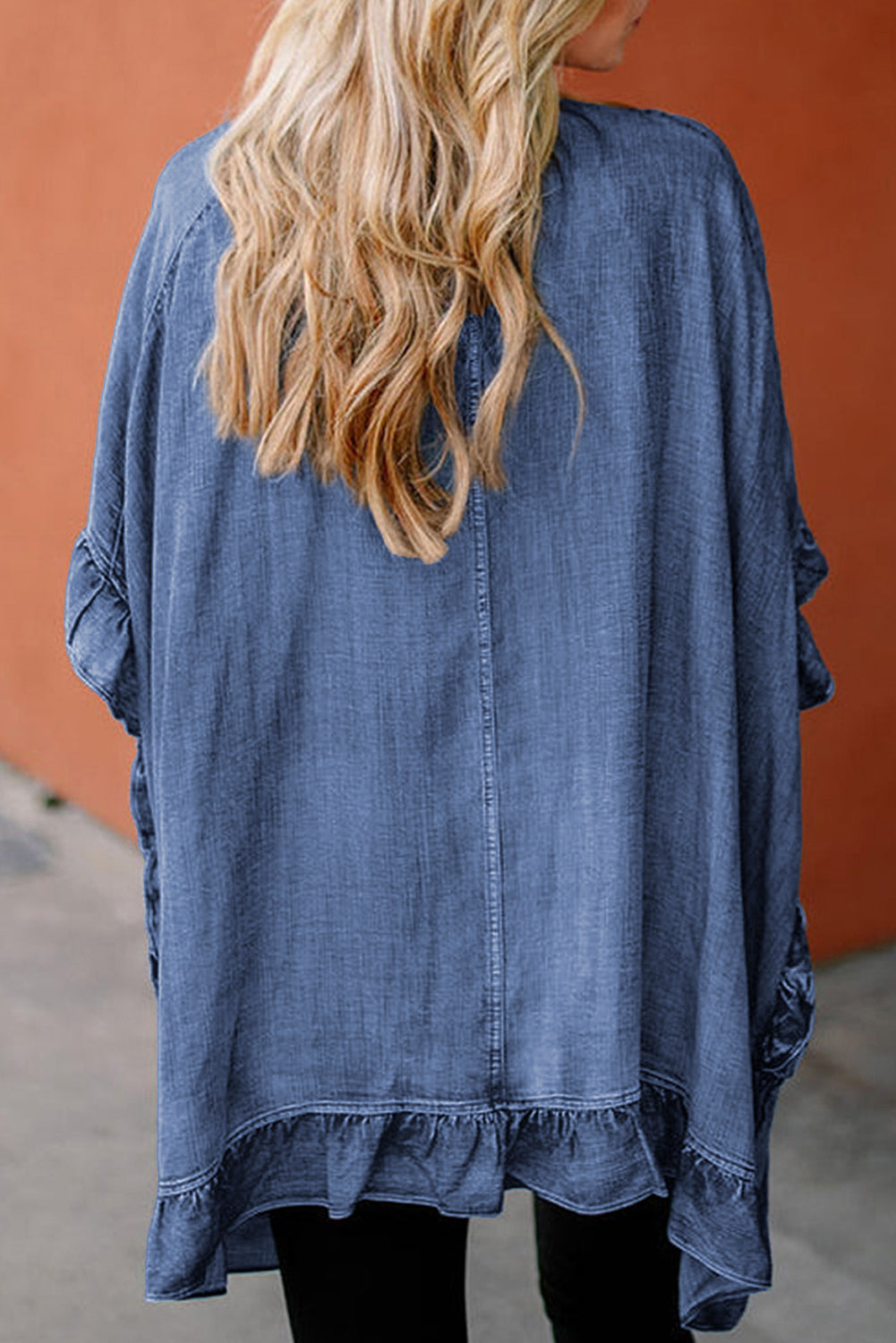 Dusk Blue Chambray Ruffle Hem Half Sleeve Open Loose Kimono