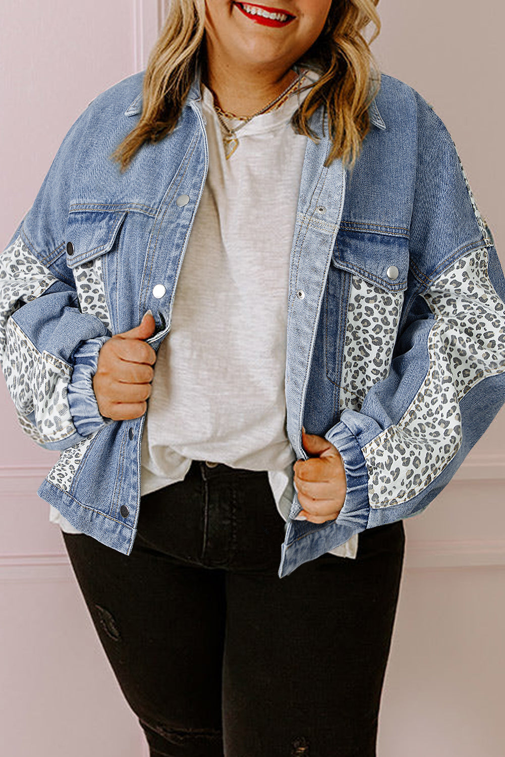 Beau Blue Leopard Patchwork Flap Detail Plus Size Denim Jacket