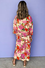 Pink Floral Allover Print Open Front Belted Duster Kimono