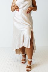 Beige Satin Split Ruffled High Waist Plus Size Skirt