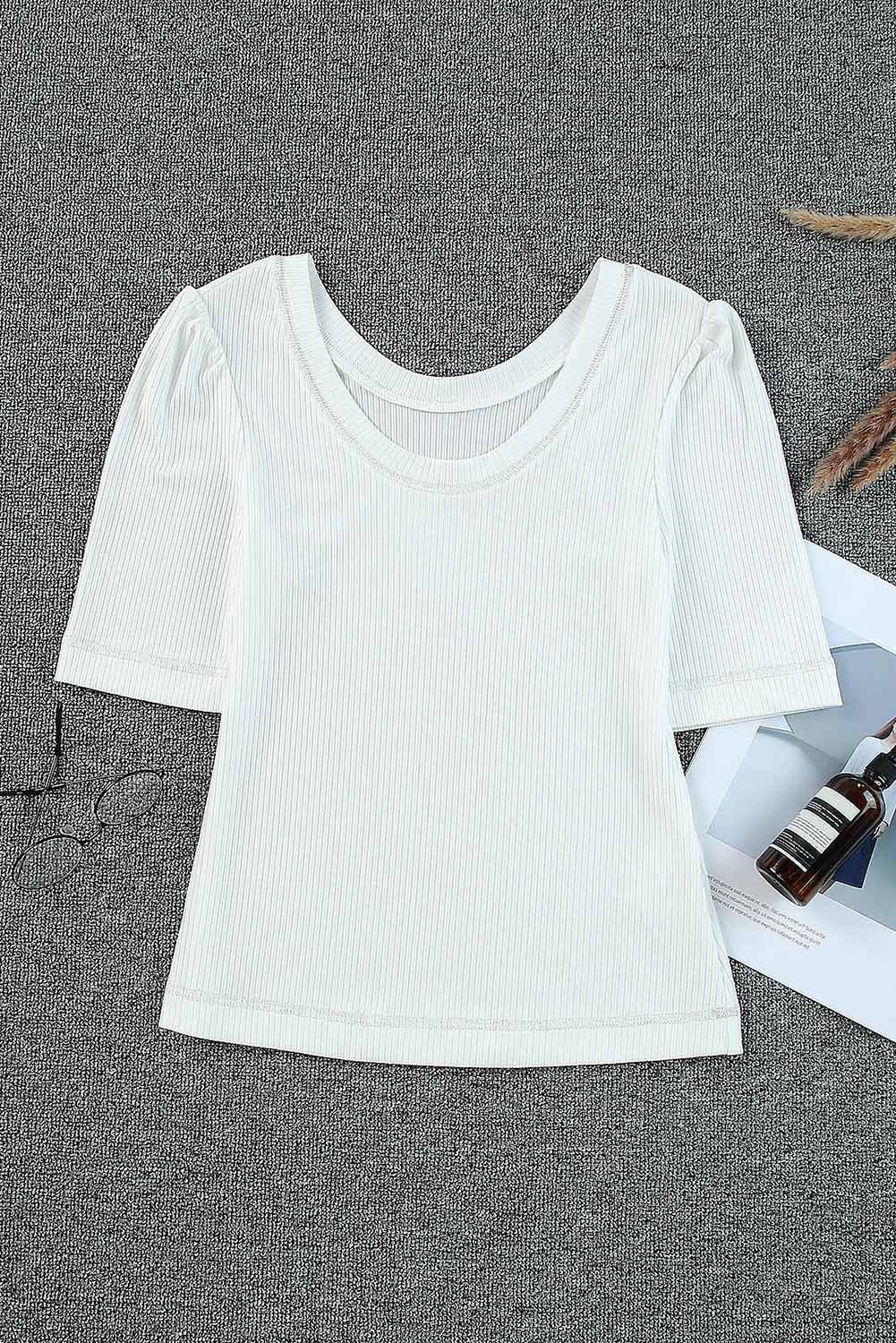 White Round Neck Half Sleeve Ribbed Knit Top