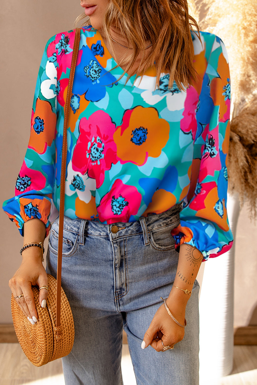 Sky Blue Multicolor Abstract Print High Neck Flutter Sleeves Top