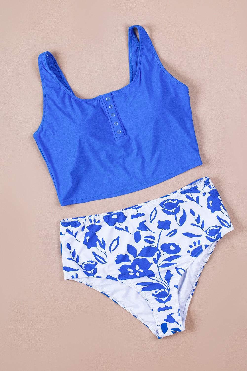 Blue Square Neck Sleeveless Fashion Print Tankini Set