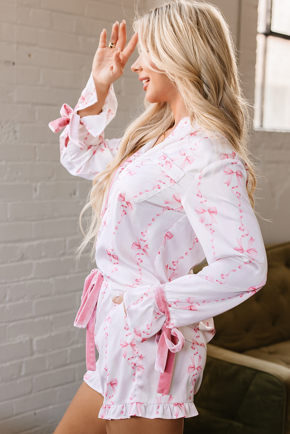 Pink Satin Bow Bell Sleeve Shirt and Ruffled Shorts Pajama Set