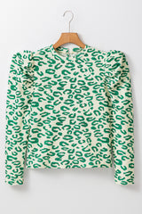 Blackish Green Leopard Print Mock Neck Puff Sleeve Top