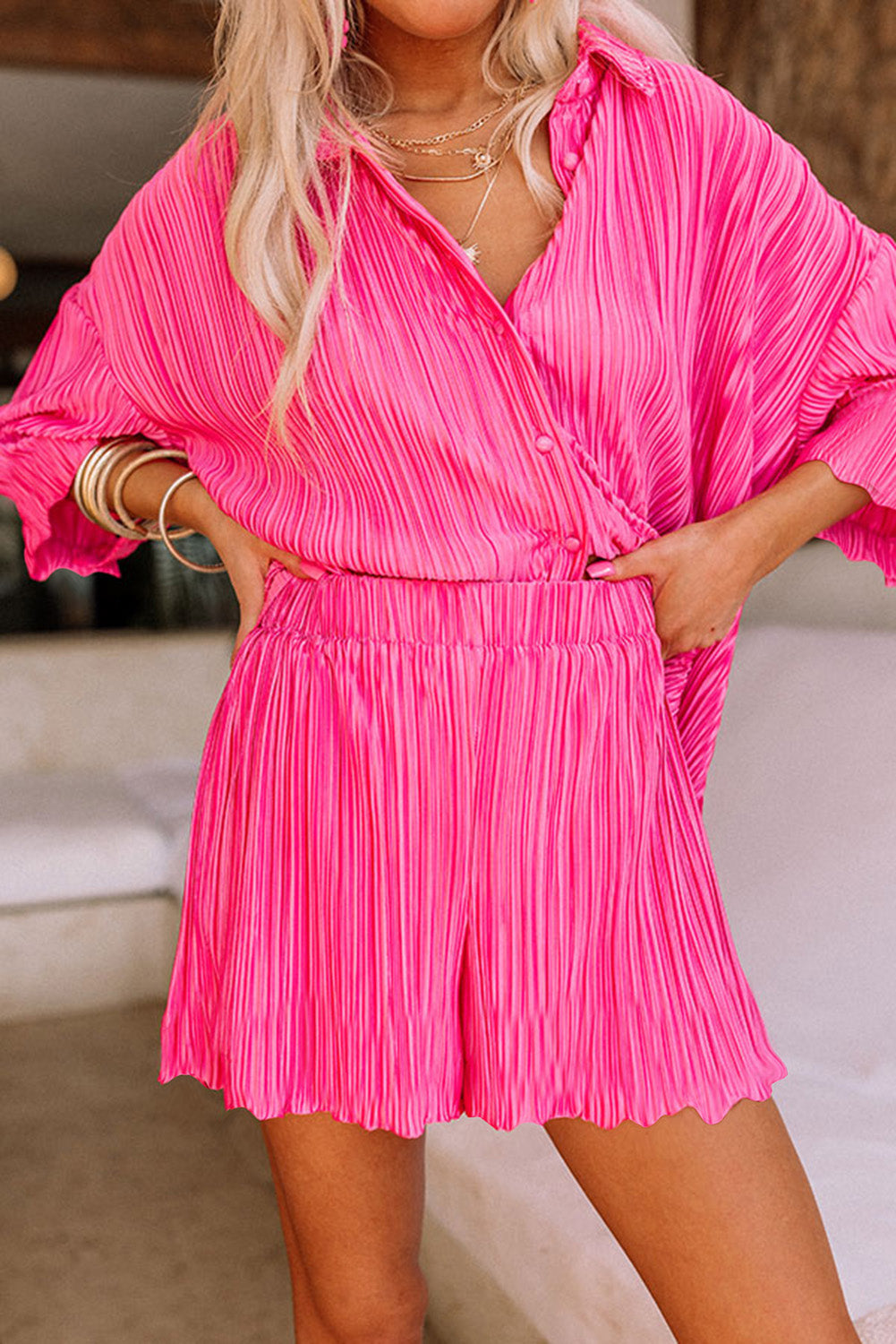 Rose Pleated Long Sleeve Shirt and Wide-Leg Pants Set