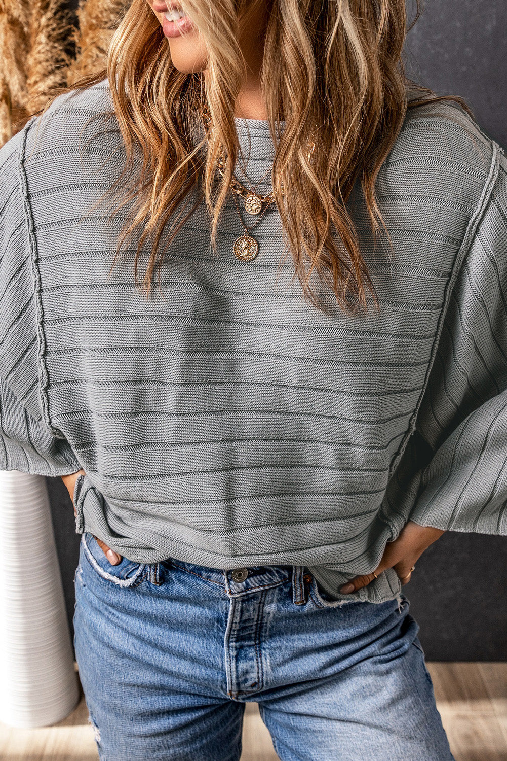 Apricot Exposed Seam Ribbed Knit Dolman Sweater