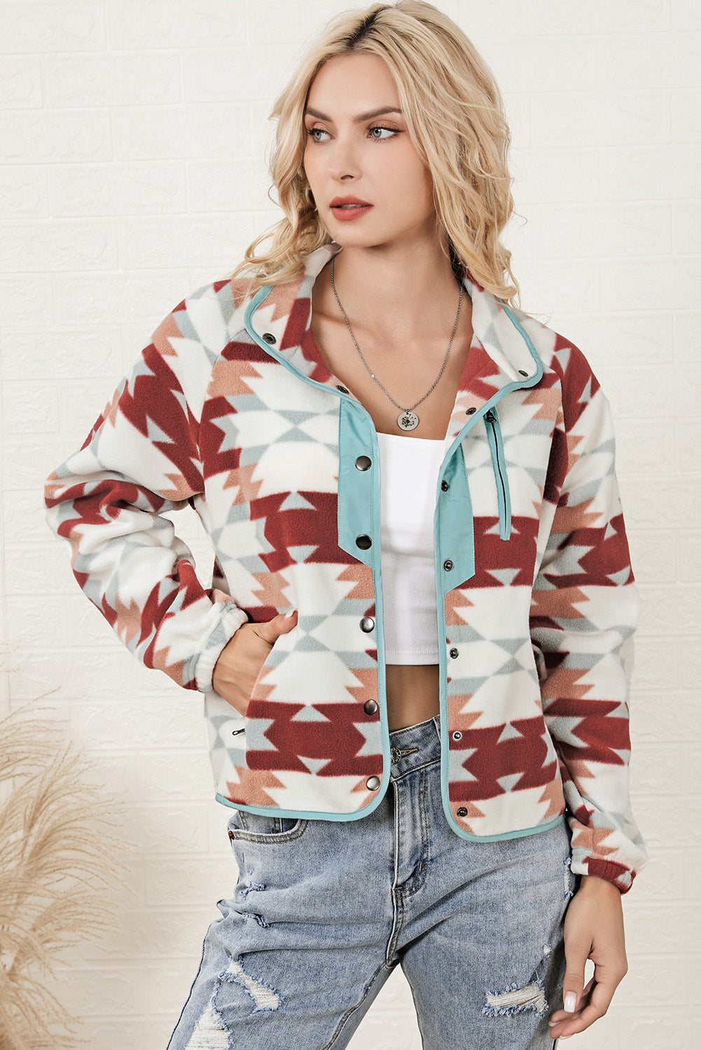 Fiery Red Geometric Aztec Pattern Plus Size Fleece Jacket