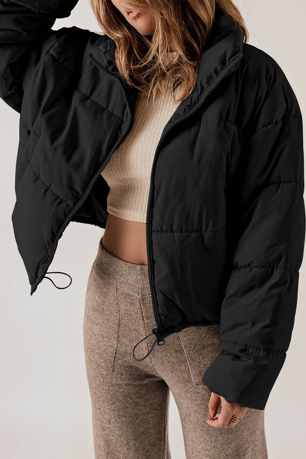 Apricot Zip Up Drawstring Hem Puffer Coat