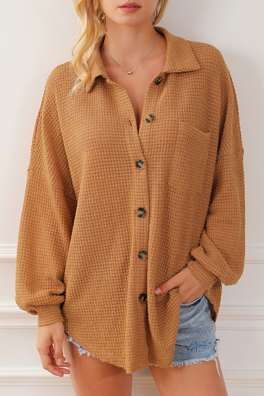 Black Plus Size Chest Pocket Waffle Knit Shirt