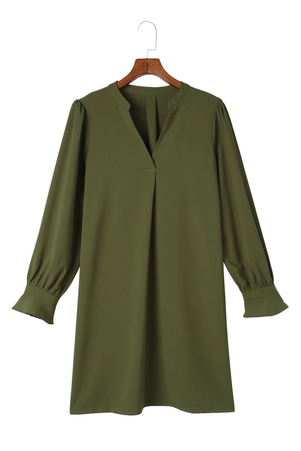 Green Split V Neck Ruffled Sleeves Shirt Dress