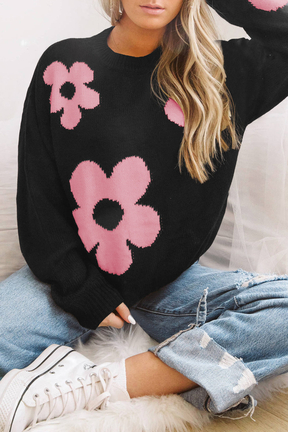 Khaki Big Flower Pattern Drop Shoulder Sweater
