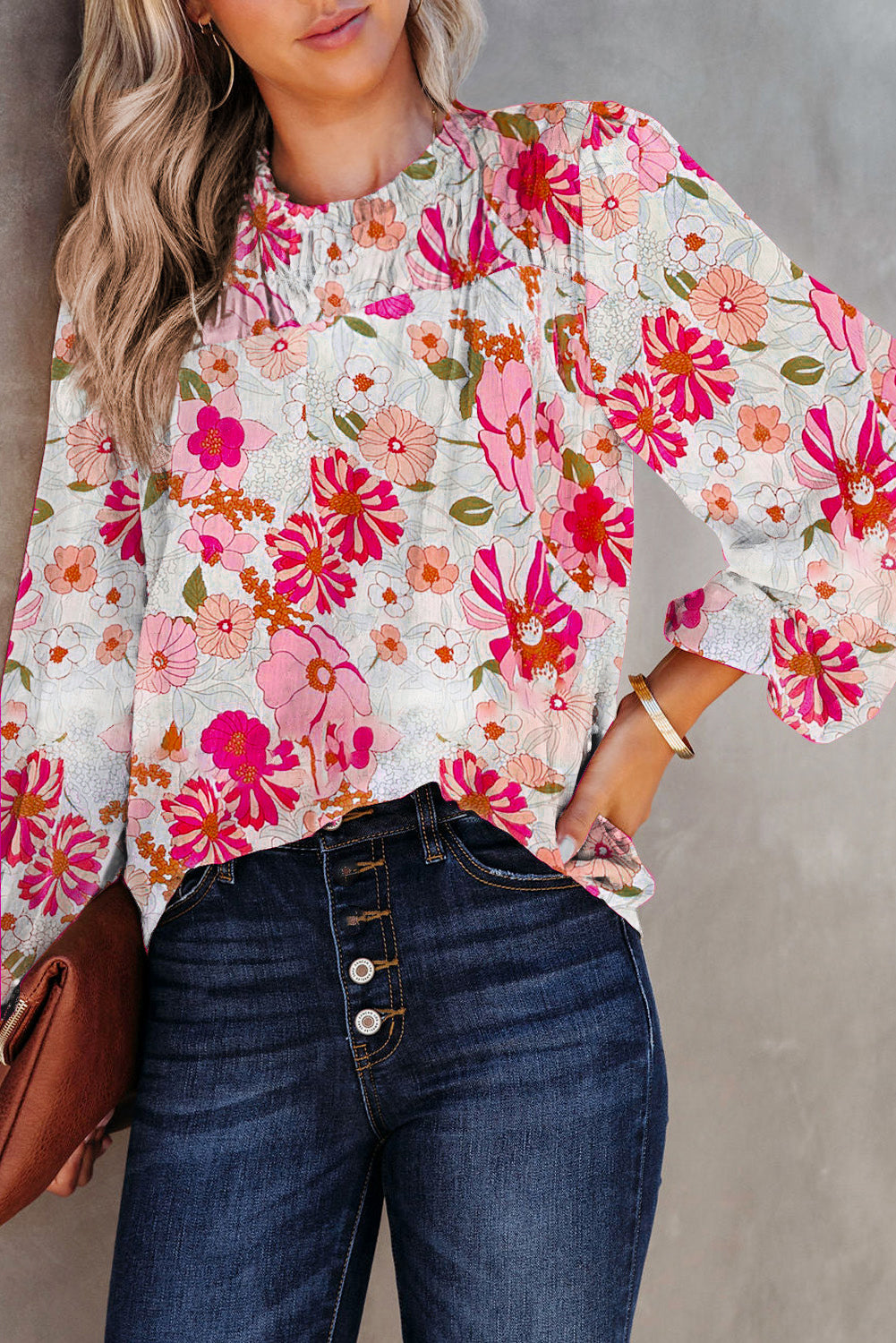 Multicolor Boho Flower Print Puff Short Sleeve Top