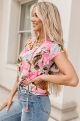 Pink Notched Neck Ruffle Floral Dress