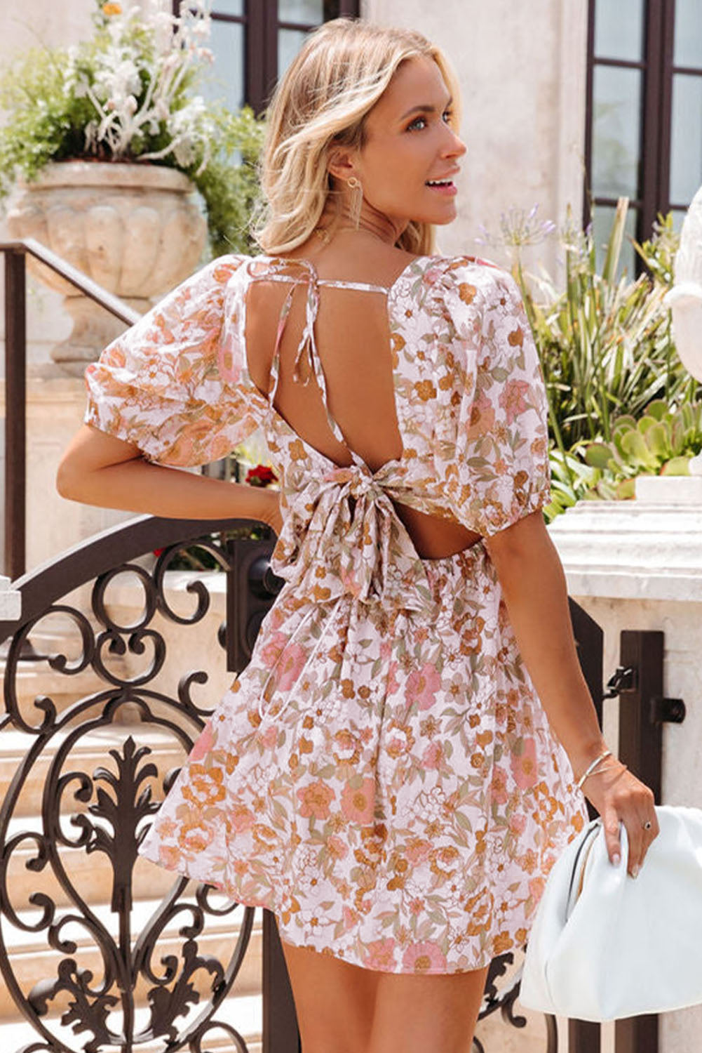 White Floral Print Bow Knot Backless Square Neck Mini Dress