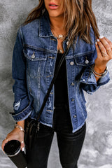 Dark Blue Plus Size Distressed Flap Pocket Denim Jacket