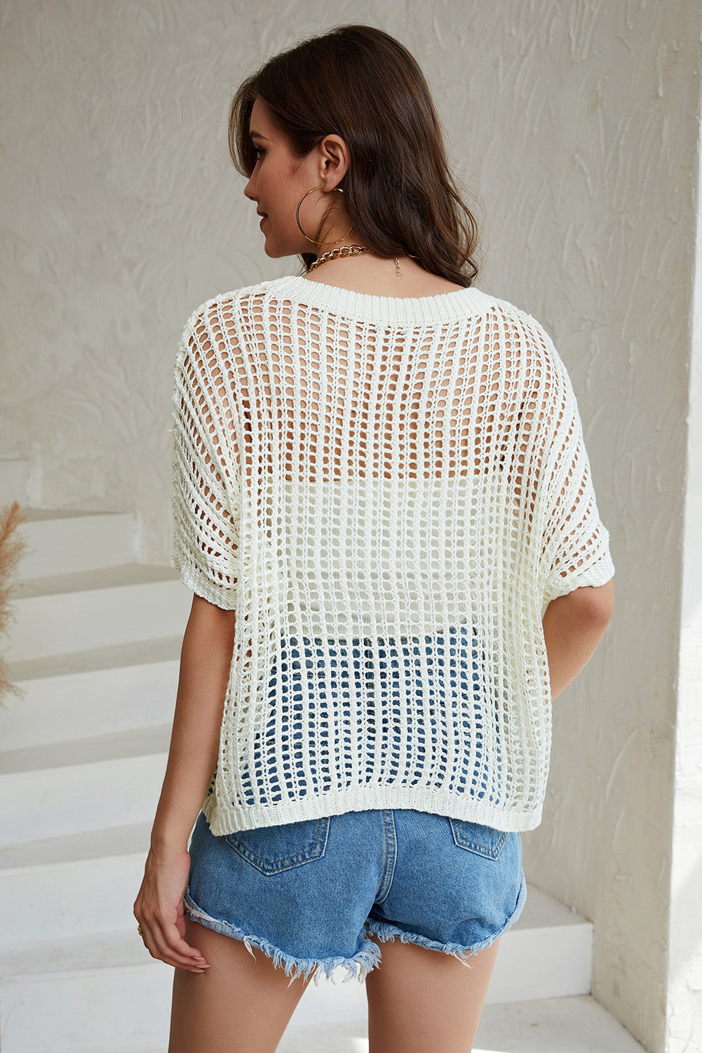 Apricot Fishnet Knit Ribbed Round Neck Short Sleeve Sweater Tee