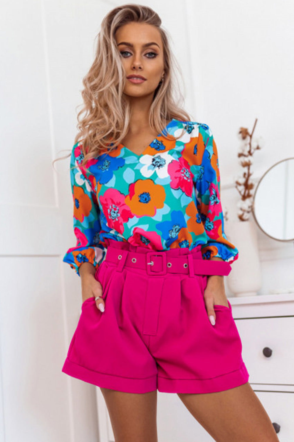 Sky Blue Multicolor Abstract Print High Neck Flutter Sleeves Top