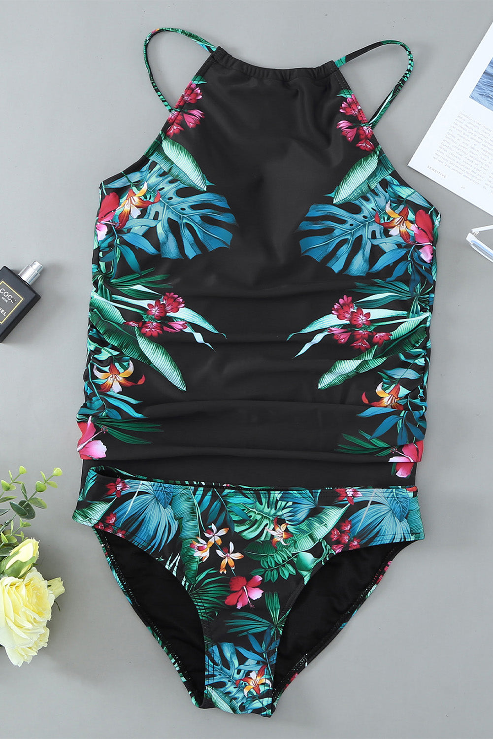 Black Leaf & Flower Print Ruched Tankini Set