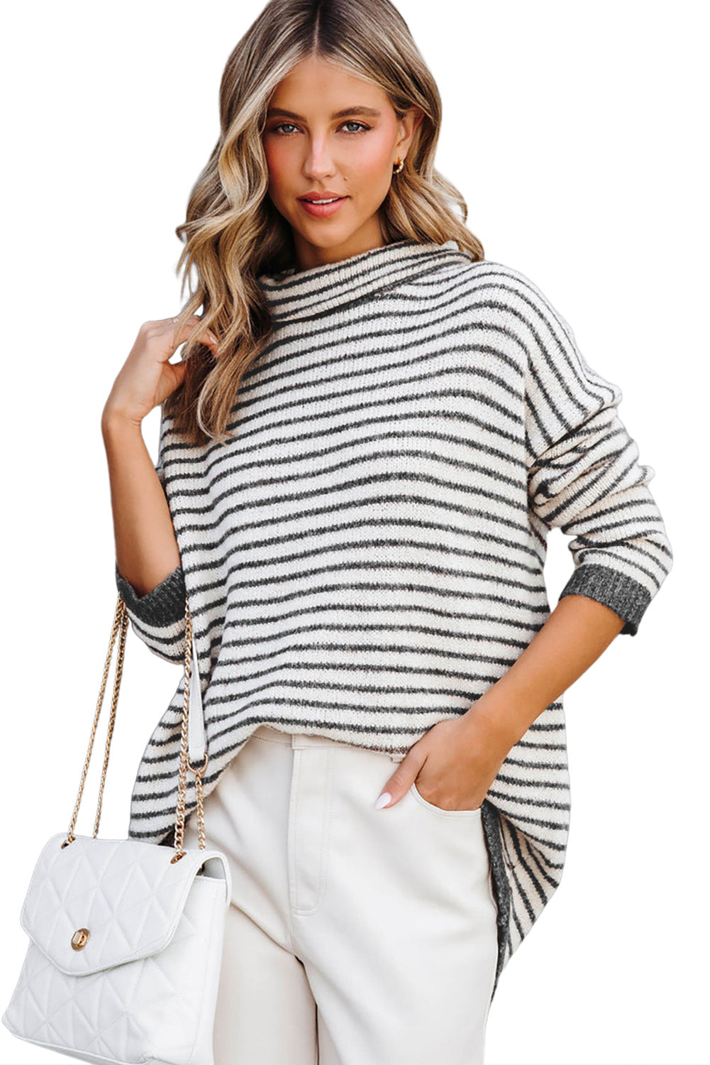 Black Striped Turtleneck Loose Sweater