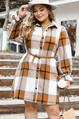 Khaki Plus Size Plaid Flounce Sleeve Button up Shirt Dress