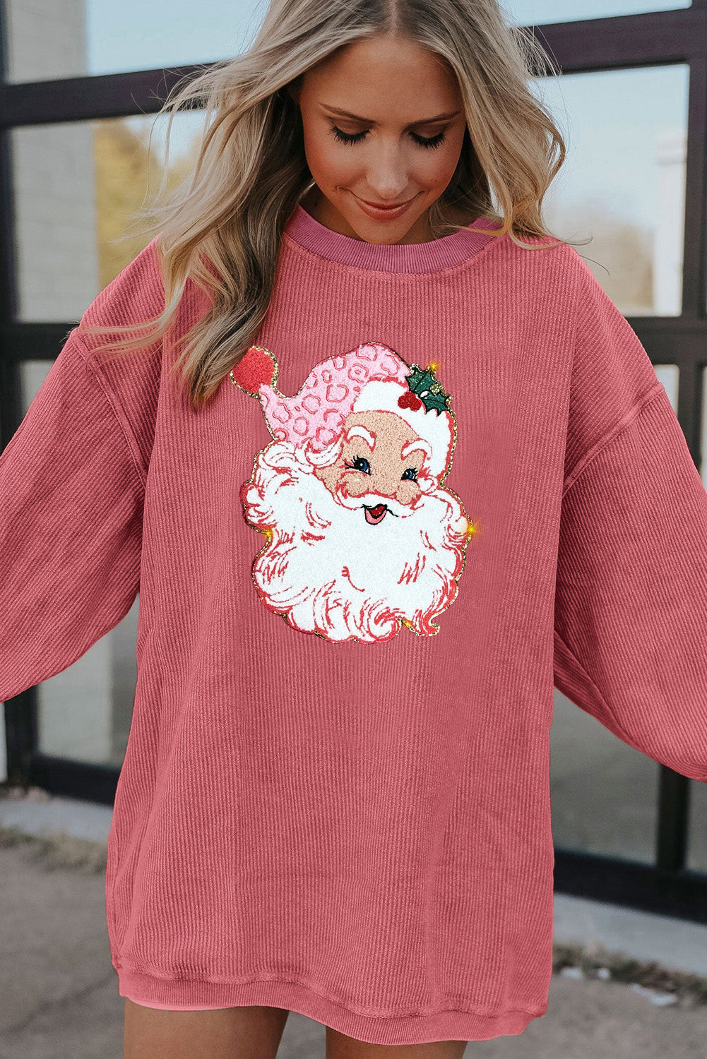 Strawberry Pink MERRY Christmas Corded Pullover Sweatshirt