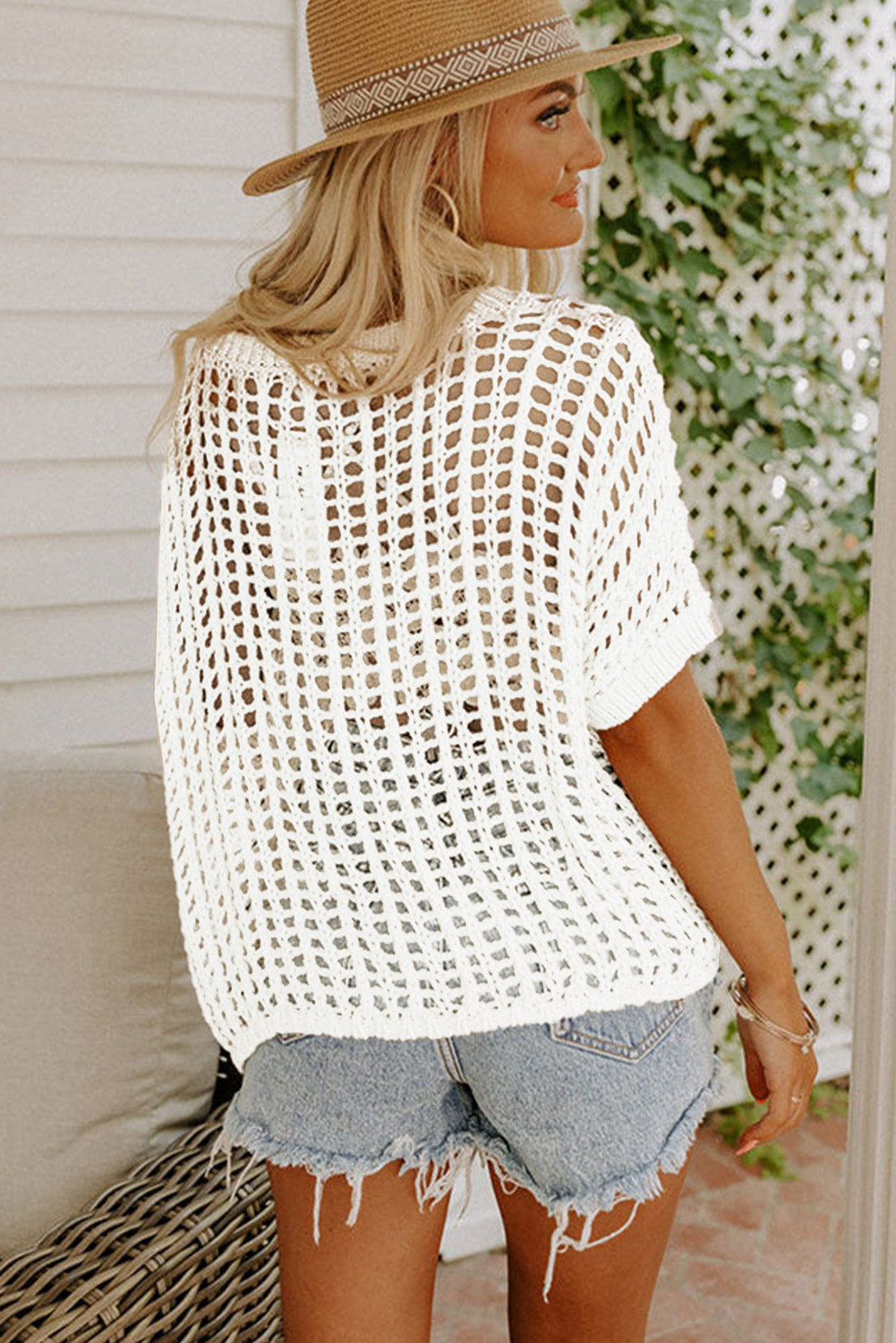 Apricot Fishnet Knit Ribbed Round Neck Short Sleeve Sweater Tee