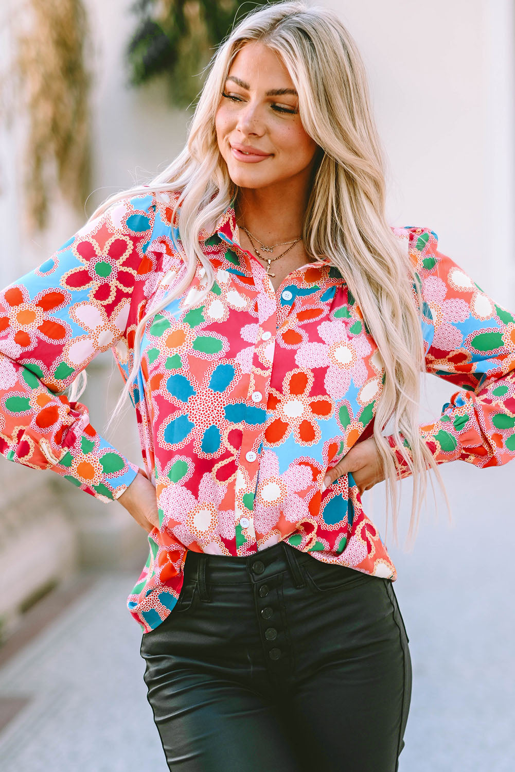 Purple Boho Flower Print Puff Short Sleeve Top