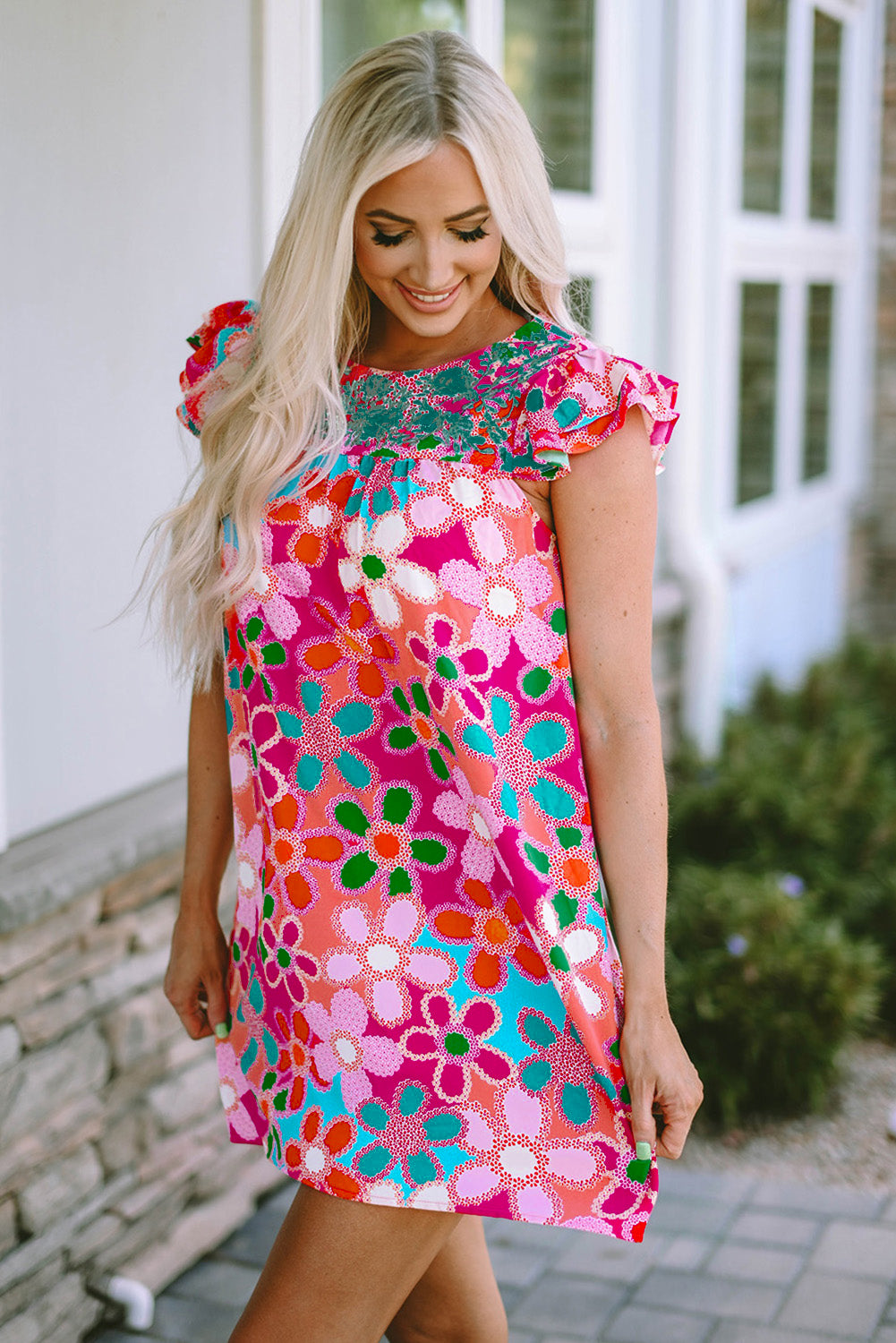 Purple Boho Flower Print Puff Short Sleeve Top