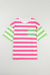 Pink Stripe Contrast Patch Pocket Drop Sleeve T Shirt