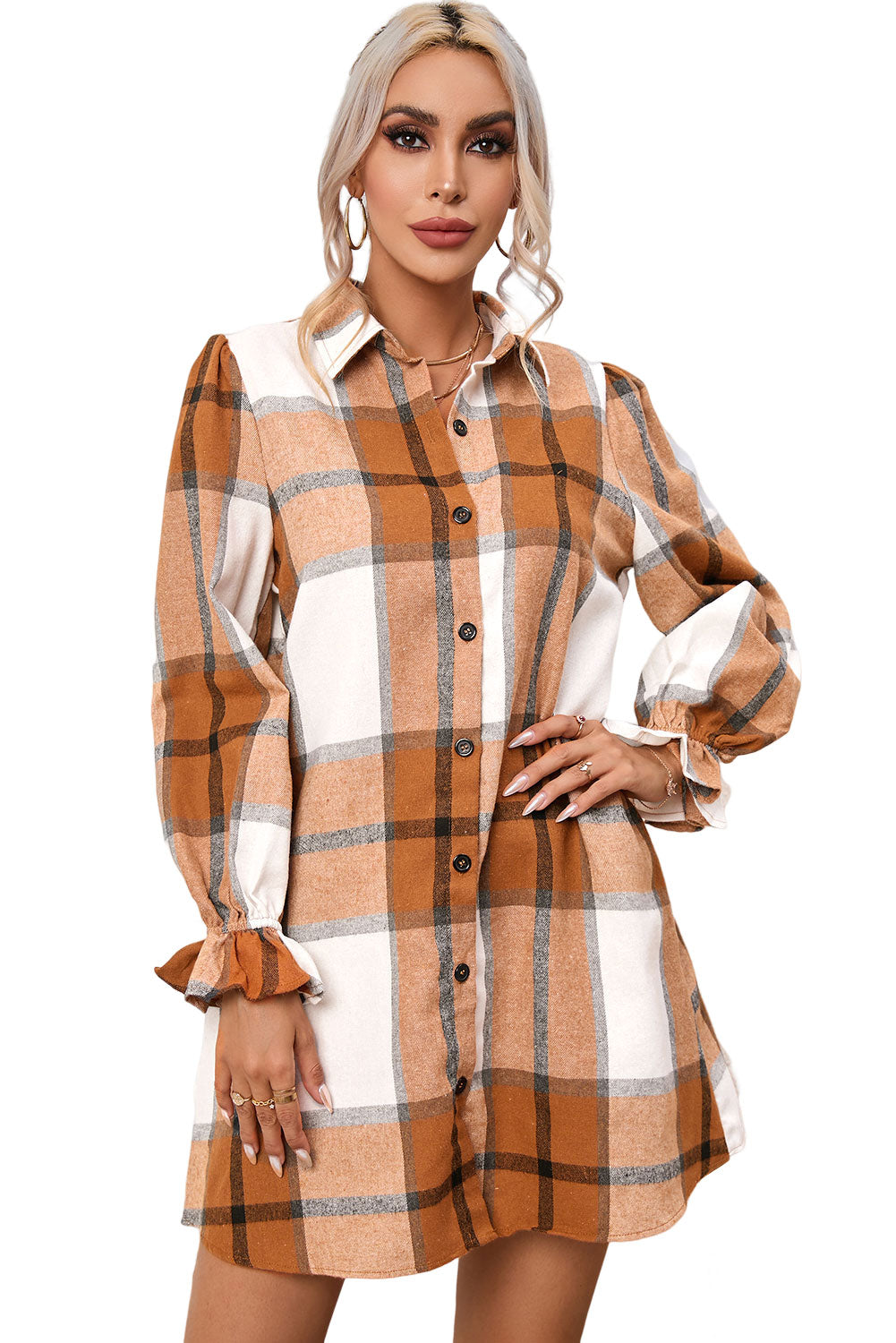 Khaki Plus Size Plaid Flounce Sleeve Button up Shirt Dress