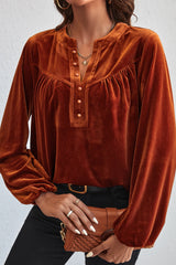 Gold Flame Lantern Sleeve Beaded Split V Neck Velvet Top