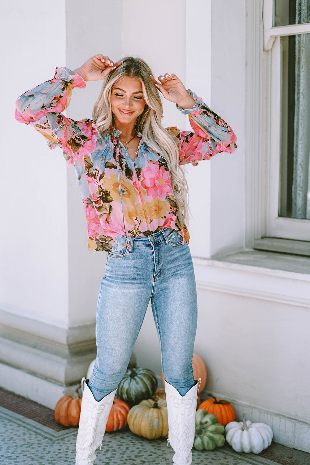 Pink Notched Neck Ruffle Floral Dress