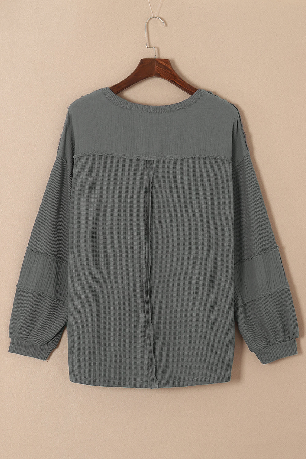 Gray Exposed Seam Patchwork Bubble Sleeve Waffle Knit Top