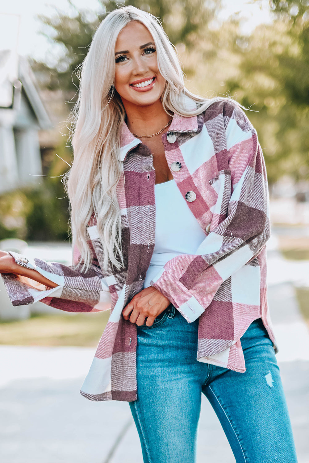 Gray Plus Size Checkered Button-Up Shacket