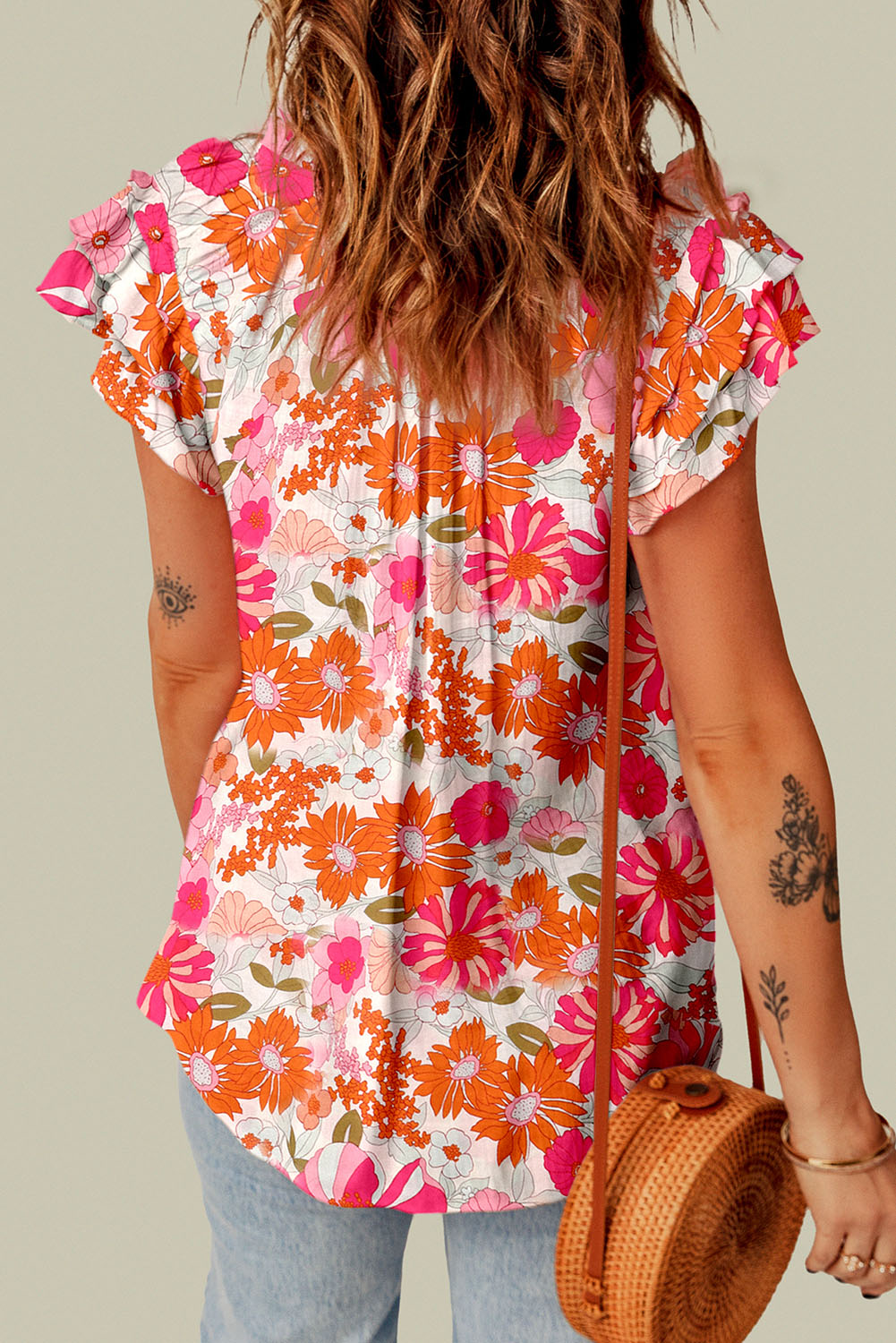 Multicolor Boho Flower Print Puff Short Sleeve Top