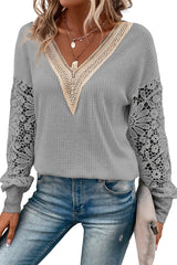 White Plus Contrast V Neck Lace Long Sleeve Top