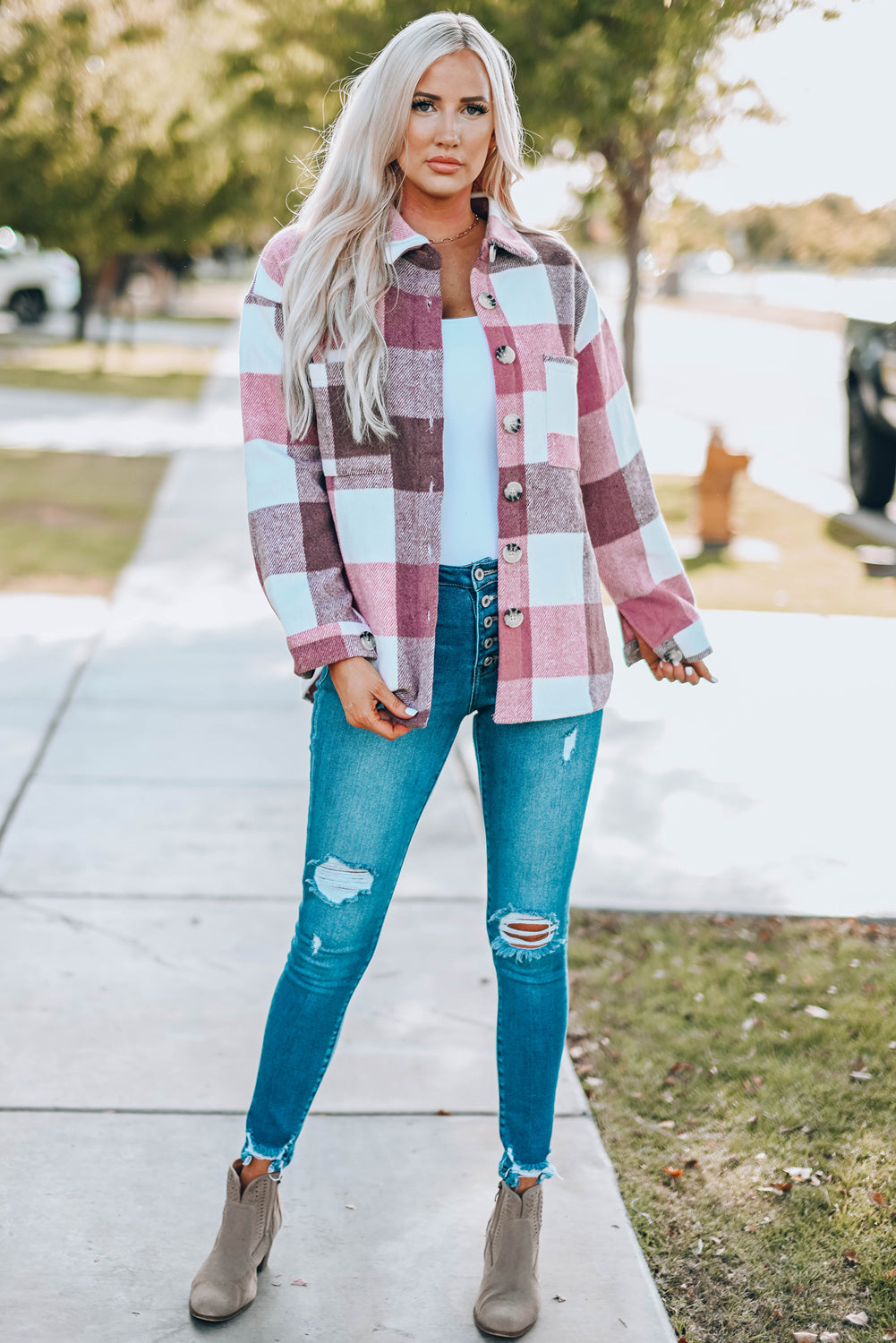 Gray Plus Size Checkered Button-Up Shacket