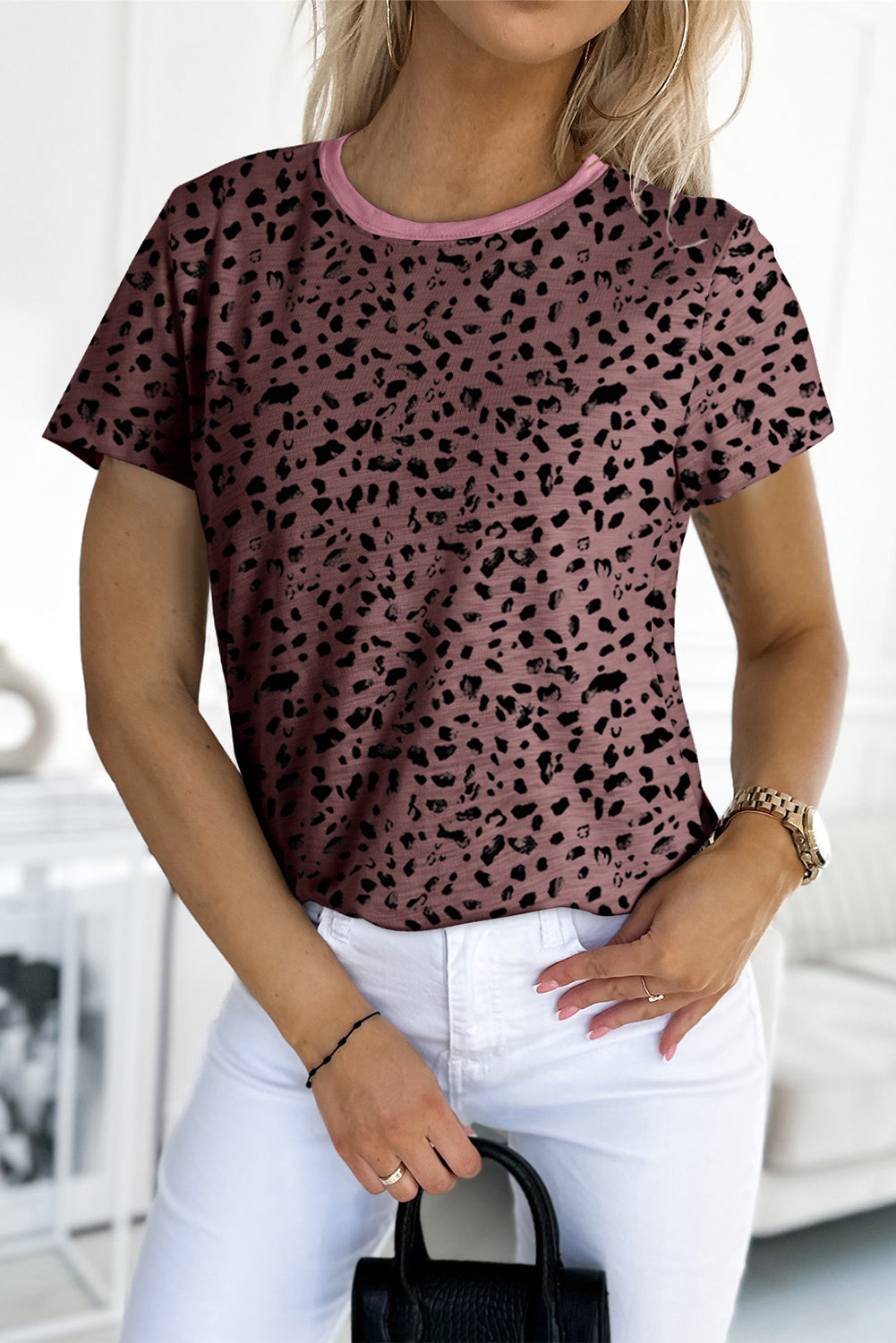 Gray Cheetah Print O-neck Short Sleeve T Shirt