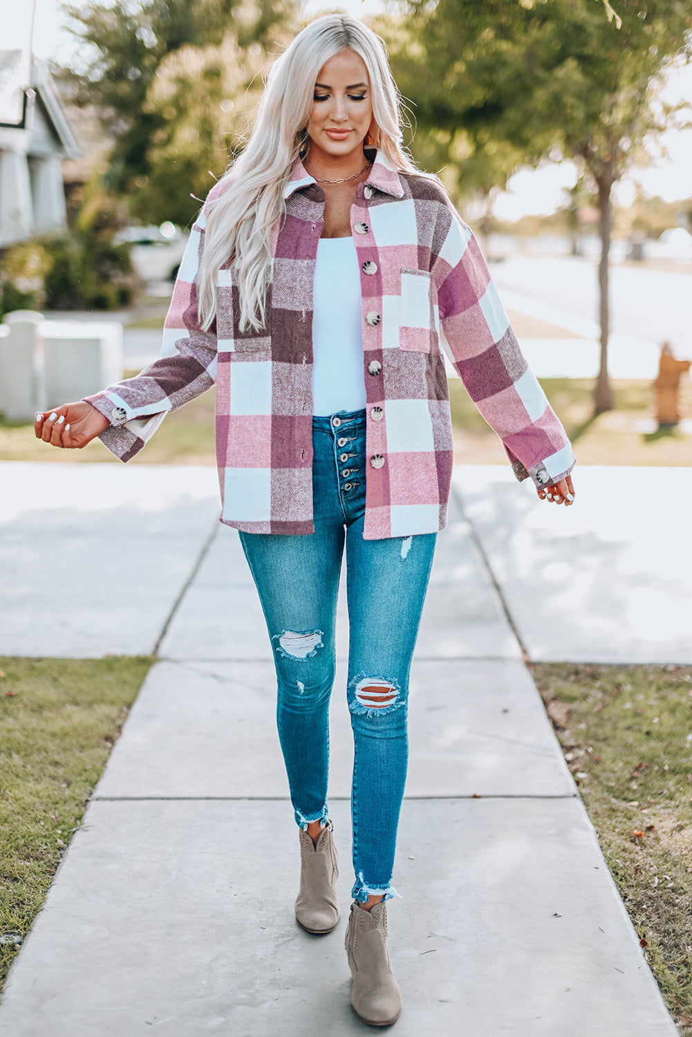 Gray Plus Size Checkered Button-Up Shacket