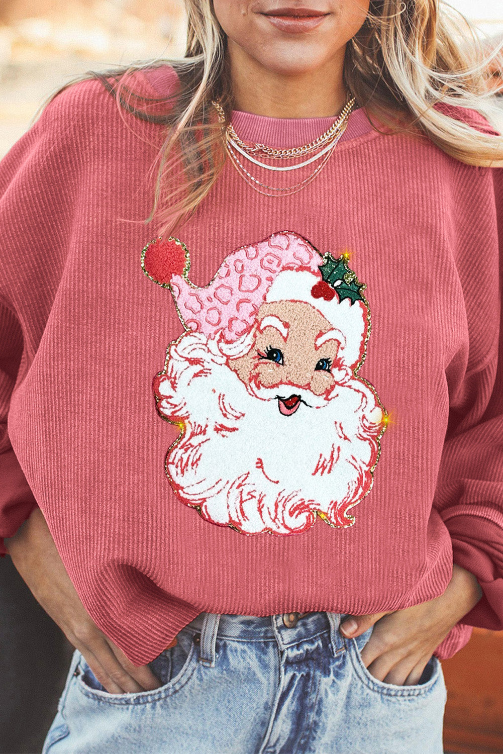 Strawberry Pink MERRY Christmas Corded Pullover Sweatshirt