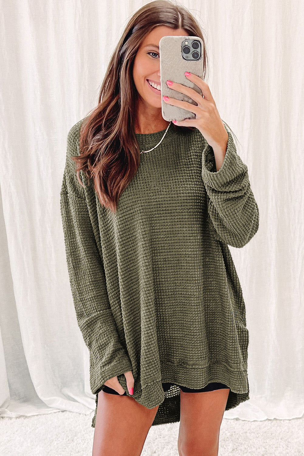 Moss Green Plus Size Textured Knit Long Sleeve Top