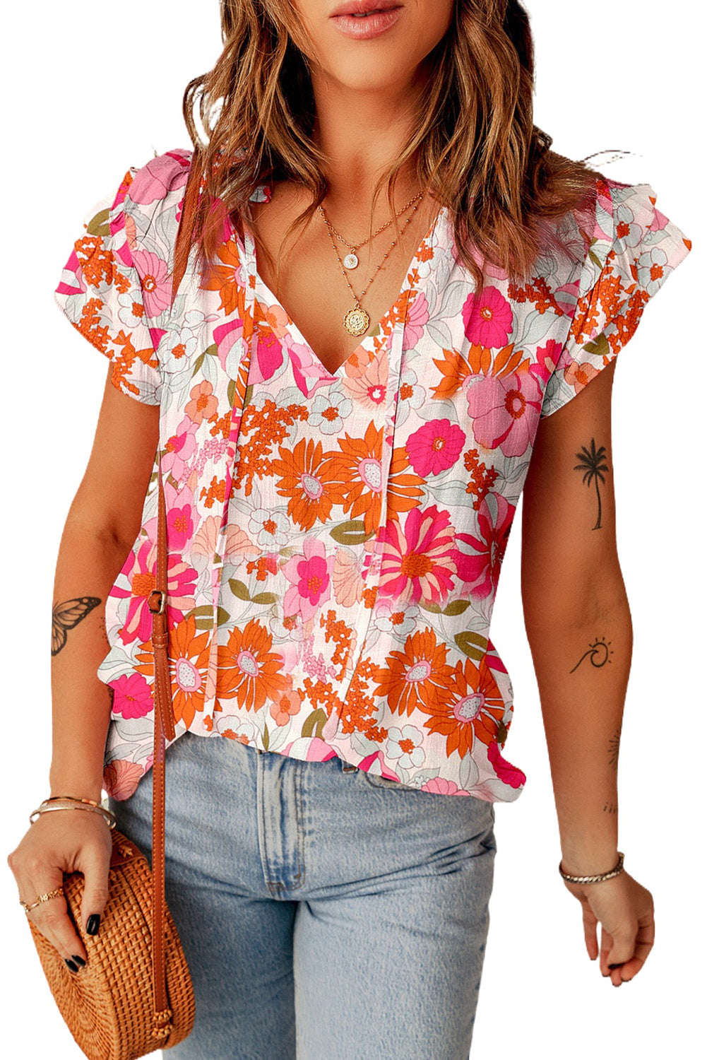 Multicolor Boho Flower Print Puff Short Sleeve Top