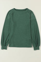 Green Lace Long Sleeve Textured Pullover