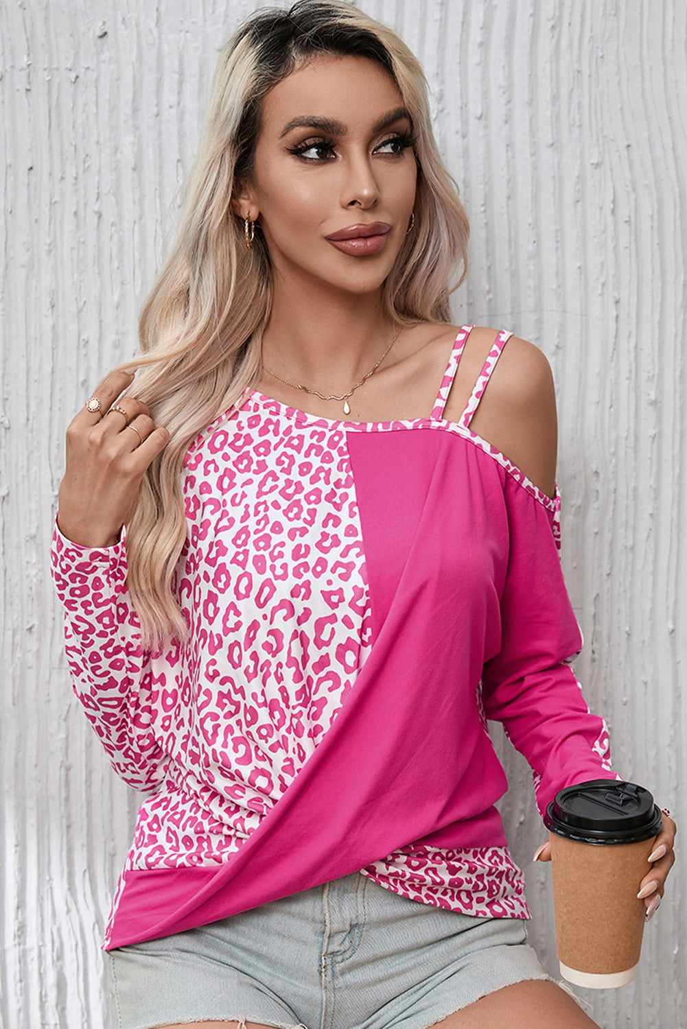 Rose Leopard Contrast Pocket Long Pajama Set