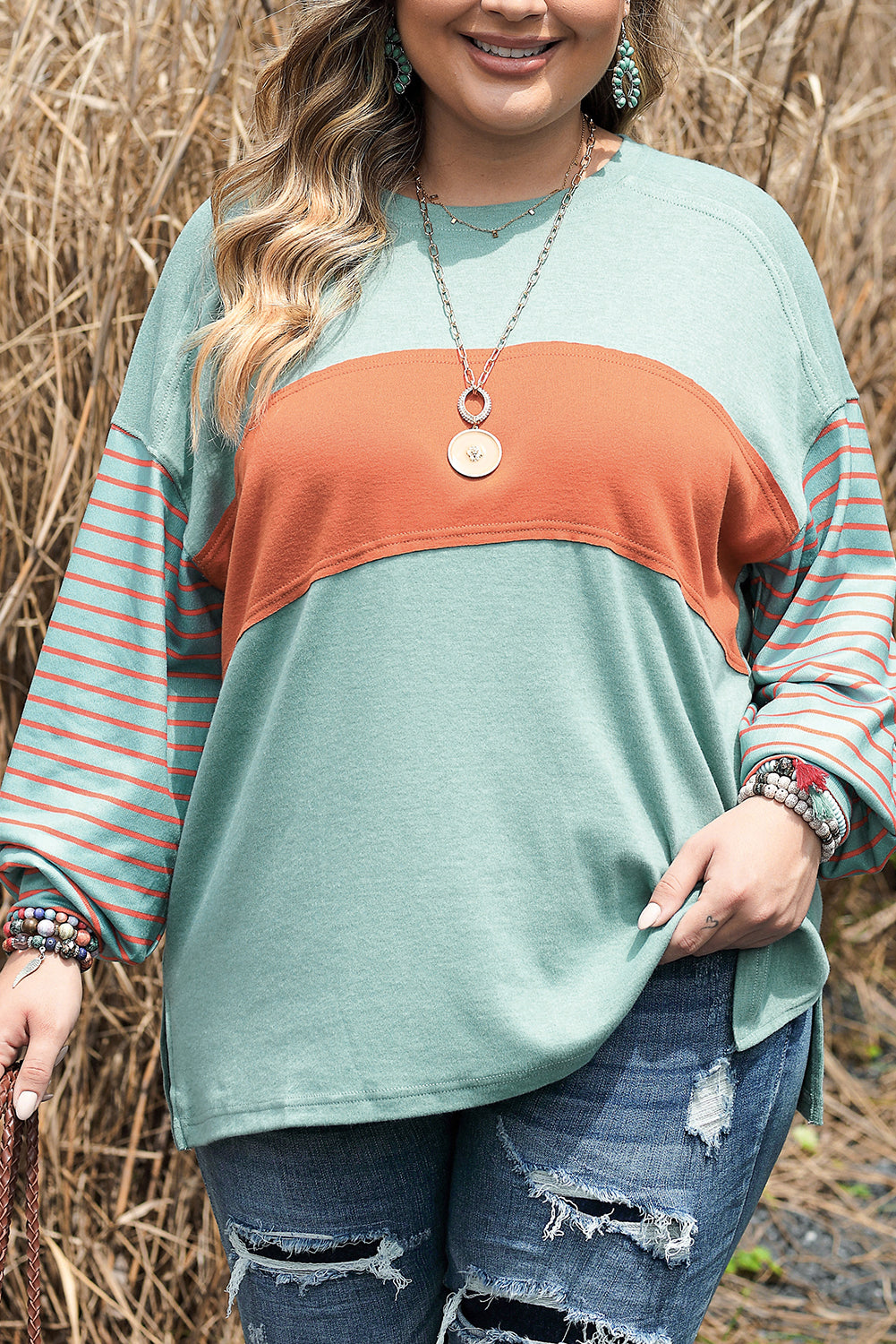 Green Colorblock Striped Bishop Sleeve Top