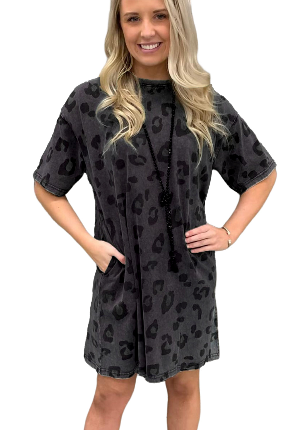 Gray Leopard Pocketed Puff Sleeve Mini Dress