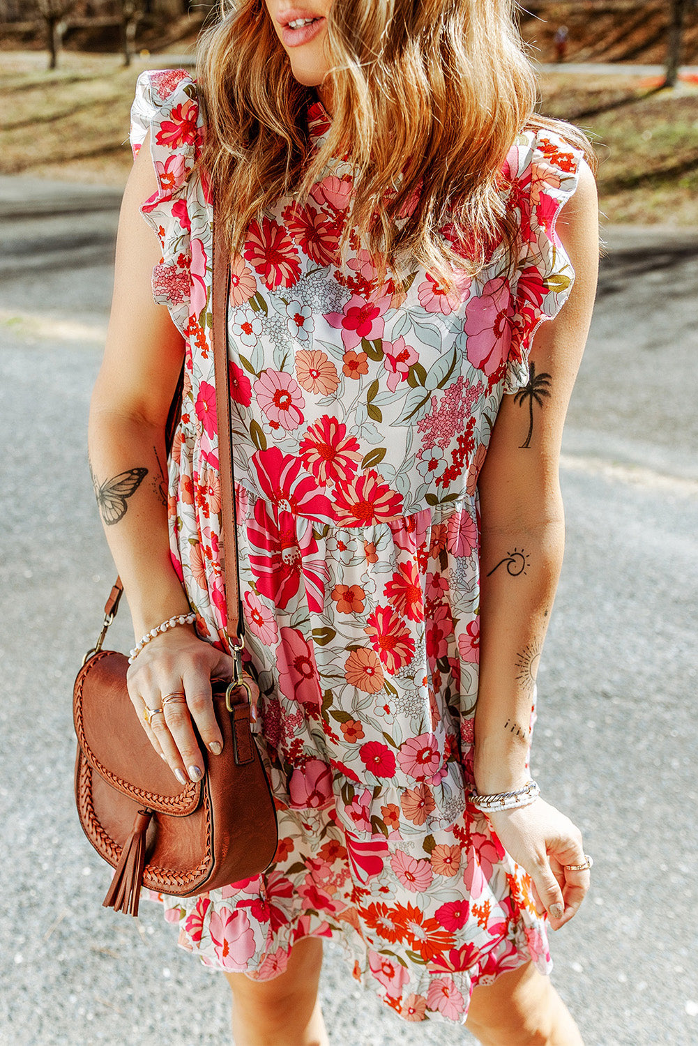 Multicolor Boho Flower Print Puff Short Sleeve Top