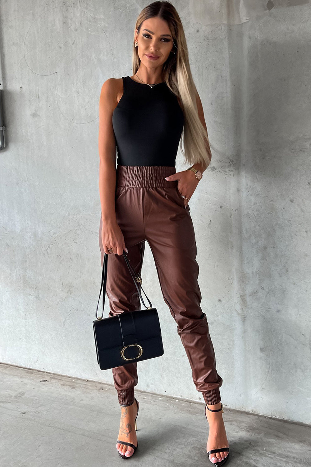 Black Smocked High-Waist Leather Skinny Pants